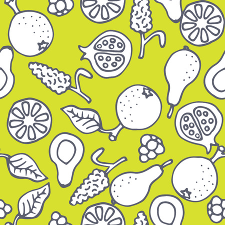 Fruit doodle hand drawn seamless vector pattern. Ink pen sketched food monochrome on green lime background.のイラスト素材