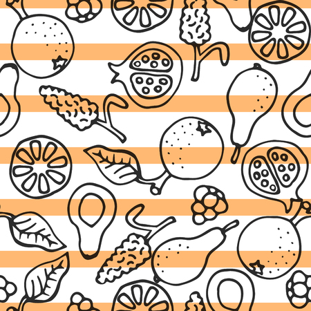 Fruit doodle hand drawn seamless vector pattern. Ink pen sketched food orange stripe on black and white background.のイラスト素材