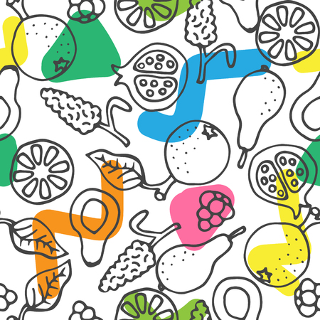 Fruit doodle hand drawn seamless vector pattern. Ink pen sketched food color strokes background.のイラスト素材