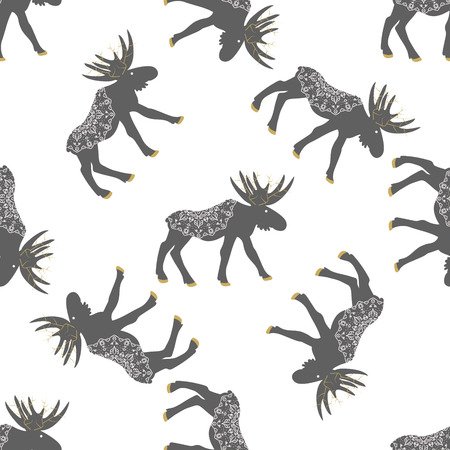 Deer vector seamless pattern. Christmas forest grey moose with decoration on white.のイラスト素材