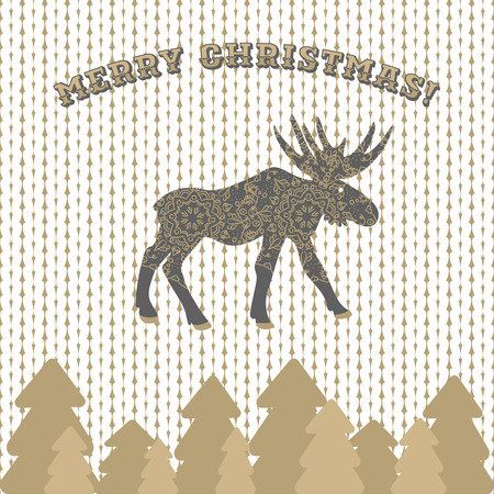 Deer vector christmas card greeting on white knitted pattern. Gold pine trees, reindeer with openwork ornament.のイラスト素材