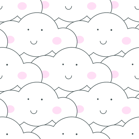 Baby vector cloud faces with pink cheeks seamless pattern. Light fun sky print for textile fabric. Kids room decor stickers for wall, furniture, surfaces.のイラスト素材