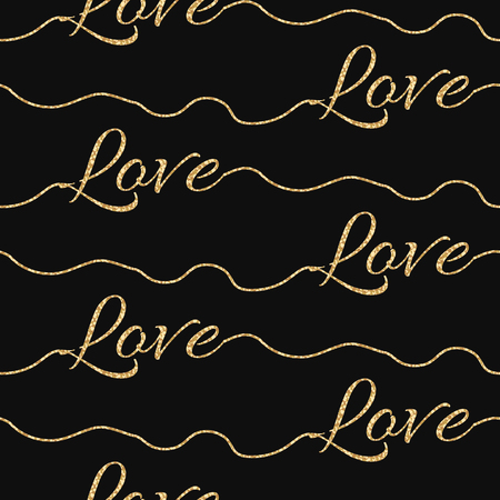 Valentines Day glitter shimmer card background. Gold love word seamless pattern on black. Lettering underline swashes pattern.のイラスト素材