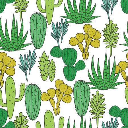 Succulents cacti plant vector seamless pattern. Botanical green on white desert flora fabric print. Home garden cartoon cactuses for wallpaper, curtain, tablecloth.のイラスト素材