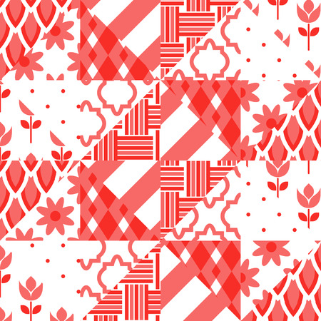 Patchwork quilt vector pattern tiles. Red and white triangle tiles fabric print. Traditional classic...