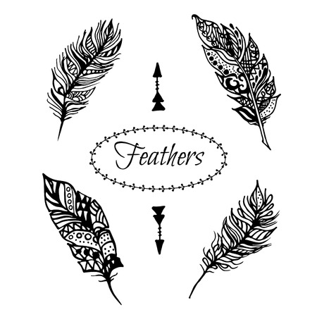 Hand drawn vector  black feathers set isolated on white. Ethnic ink openwork tribal feathers, stylized for coloring pages in vintage boho style.のイラスト素材