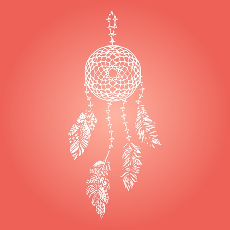 Hand drawn vector white dream catcher with feathers on red background. Ethnic ink openwork hanging tribal feathers in vintage boho style, wall decor.のイラスト素材