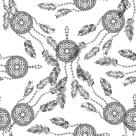 Hand drawn vector doodle black dream catcher with feathers seamless pattern set on white. Ethnic ink openwork tribal feathers, stylized for coloring pages and fabric print in vintage boho style.のイラスト素材