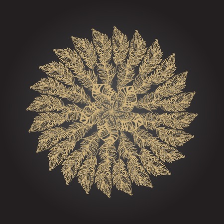 Gold feather hand drawn round rosette on black background. Ethnic ink openwork tribal feathers, stylized in vintage boho style.のイラスト素材
