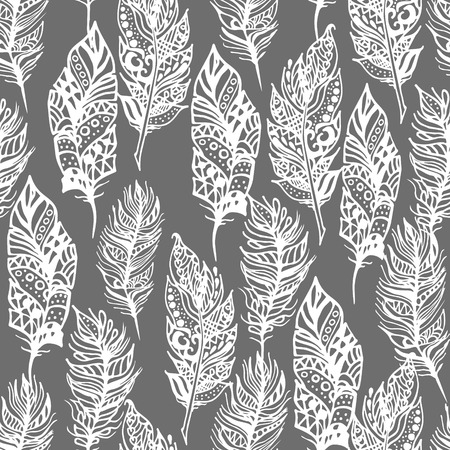 Hand drawn vector  doodle white feathers seamless pattern on grey. Ethnic ink openwork tribal feathers, stylized for coloring pages in vintage boho style. Bohemian monochrome fabric print.のイラスト素材