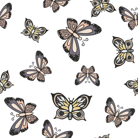Hand drawn butterfly ink doodle seamless pattern. Sketched insects on white background.のイラスト素材