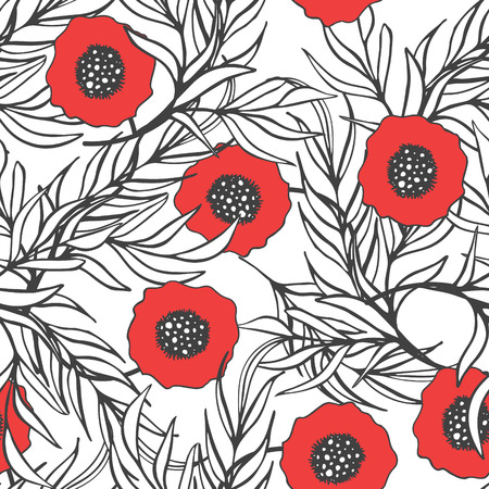 Poppy flower vector seamless pattern. Hand drawn doodle ink floral textile fabric print. Red poppies and monochrome branch leaves natural design. Black and white with accent color.のイラスト素材