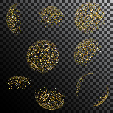 Gold glitter dust sphere and crescent. Full moon abstract cosmic planet.のイラスト素材