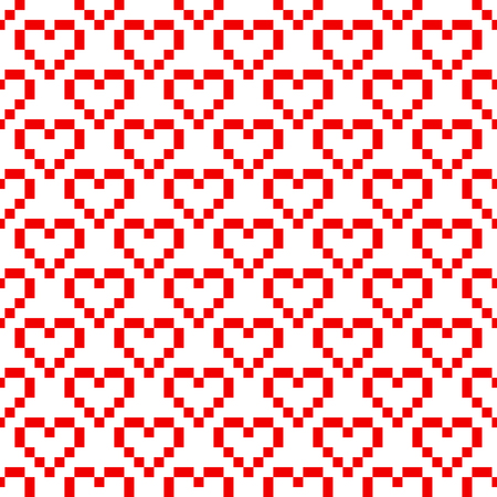 Pixel art red heart retro 8 bit vector seamless pattern. Geometric squares romantic background.