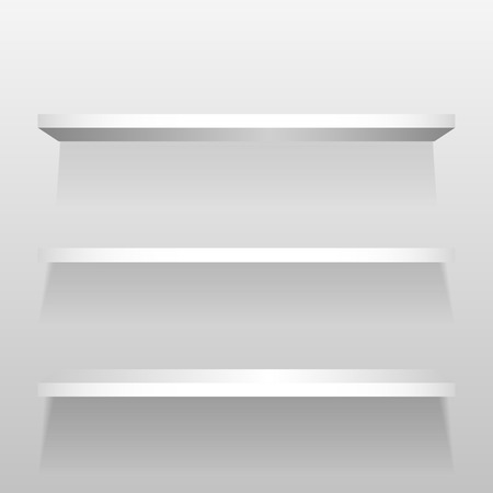 White empty shelves on the white store wall. For book or product presentation.のイラスト素材