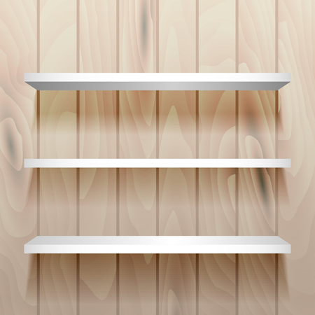 White empty shelves on the natural wood wall. For book or product presentation.のイラスト素材