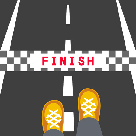 Finish line road sign. Man feets standing on the road in front of the end stop band.のイラスト素材
