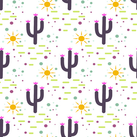 Purple and white cactus desert seamless pattern. Cacti and sun tribal boho background. Fabric print design. Succulent textile surface.のイラスト素材
