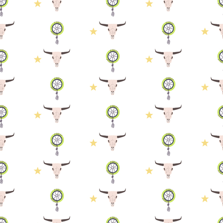Western cow skull and catcher vector seamless pattern design. Dream catcher and longhorn cow head background.のイラスト素材