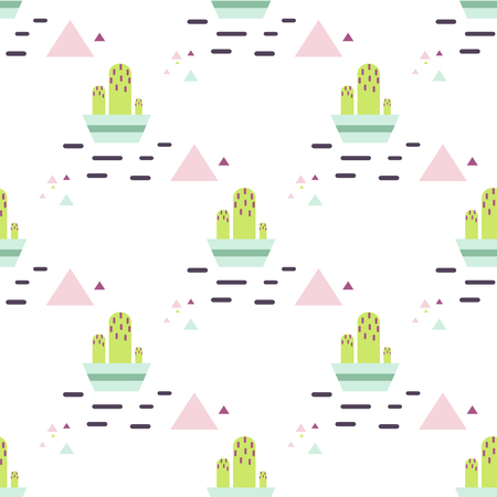 Green cactus in pot desert seamless pattern. Cacti and pink triangles tribal boho background. Fabric print design. Succulent textile surface.のイラスト素材