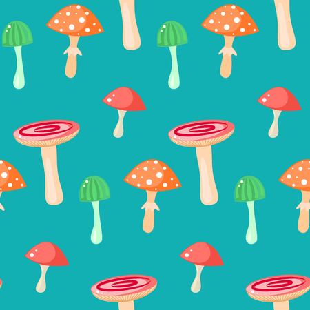 Spring forest russule mushroom seamless pattern. Cartoon amanita fungus turquoise background.のイラスト素材
