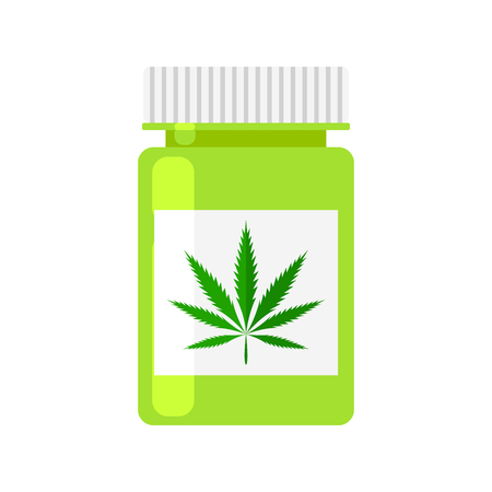 Medicine cannabis bottle. Marijuana prescription Rx bottle vector icon. Green drug plastic container. Marijuana plant leave.のイラスト素材