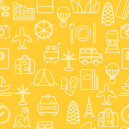 Thin line icons seamless pattern. Travel and transportation icon yellow background for websites, apps, presentations, cards, templates.のイラスト素材