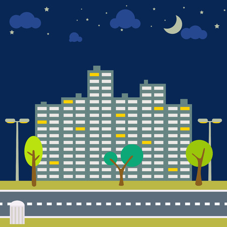 Night city scape panorama. Horizontal downtown outdoor view with moon and stars on sky. Trees and lanterns on the sidewalk and road in front. High-rise building in the evening street.のイラスト素材