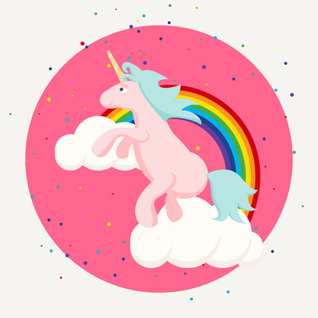 Cute happy unicorn and rainbow clouds tshirt design. Pink horse for children clothes and print fabric accessories.のイラスト素材