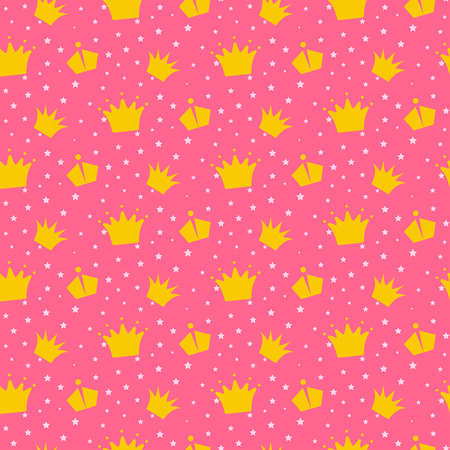 Girlish pink pattern with princess crowns.. Star confetti, yellow gold crowns fun kid wallpaper and fabric design.のイラスト素材