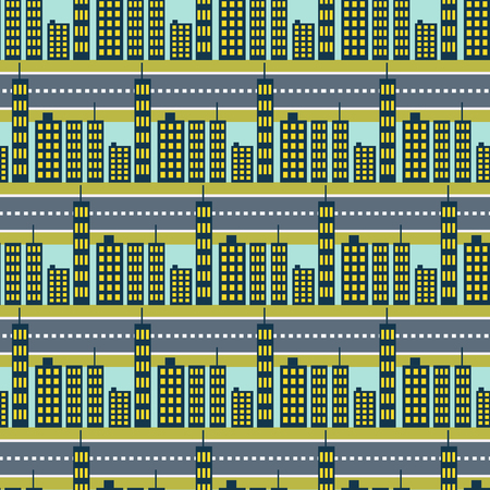 City skyscrapers and road streets seamless pattern. Megalopolis neighborhoods houses night background.のイラスト素材