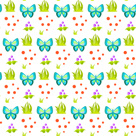 Spring forest butterfly and grass sheaf seamless pattern. Cartoon fungus white background.のイラスト素材