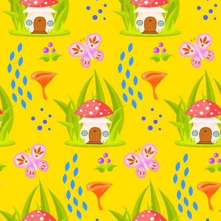 Spring forest mushroom house seamless pattern. Cartoon fly-agaric fungus home and chanterelle yellow background.のイラスト素材