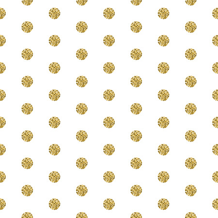Gold foil shimmer glitter polkadot white seamless pattern. Vector shimmer abstract circles golden texture. Sparkle shiny balls background.のイラスト素材