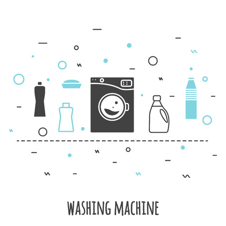 Washing machine icon in flat line style. Isolated gray and blue on white background. Outline vector icon wash machine with chemical supplies banner.のイラスト素材