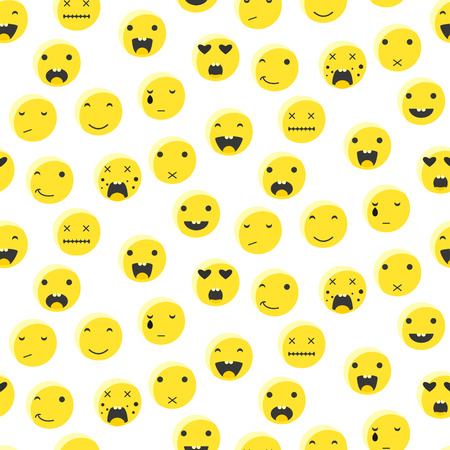 Yellow round smile emoji seamless pattern. Emoticon icon flat style vector background. Expression comic emoji. Smiley face icons.のイラスト素材