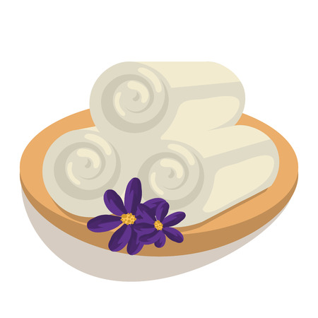 Spa towel set of three twisted double towels. Hotel towels on stand with flower decor.のイラスト素材