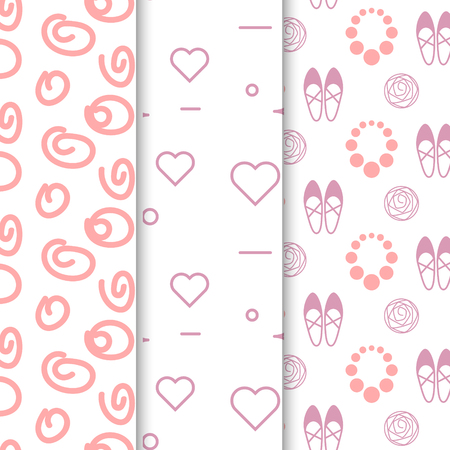 Girl vector seamless pattern set. Light pink and white hearts and circles. Girl shoes, jewelry pattern.のイラスト素材