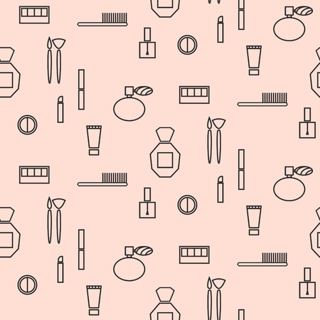 Makeup objects and products seamless pattern. Outline thin cosmetic icons for website background or wrapping paper.のイラスト素材