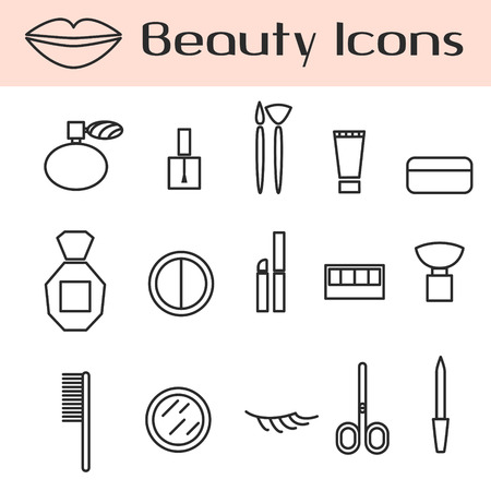 Beauty cosmetics line vector icon set. Make up accessories for woman beauty perfume, cream, lash, powder, shadows, lipstick and brushes.のイラスト素材