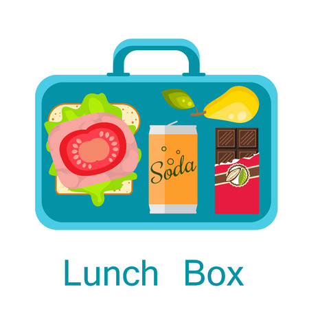 Lunch box vector. Lunch bag with sandwich, soda, chocolate and pear. Snack pack for student.のイラスト素材