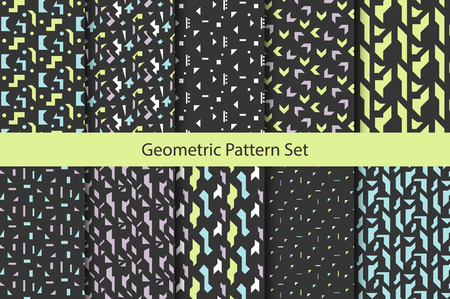 Abstract geometric shapes dark pattern set. Vintage geometry inspired seamless pack lilac, green and blue on dark.のイラスト素材