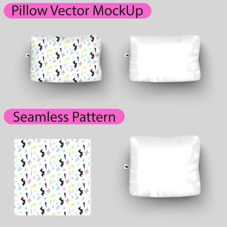 Vector pillow mock up with seamless pattern swatch. Square pillow blank mockup to place design.のイラスト素材