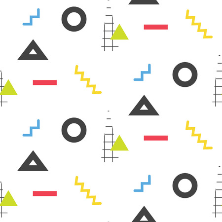 Memphis retro 80s seamless pattern. Checkered lines, abstract shapes, color blocks and dash dots elements in eighties fashion style. Zigzag lines and triangles on white.のイラスト素材