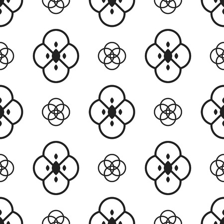 Black and white ethnic geometric flowers seamless pattern. Monochrome abstract geometry line floral continuous print.のイラスト素材