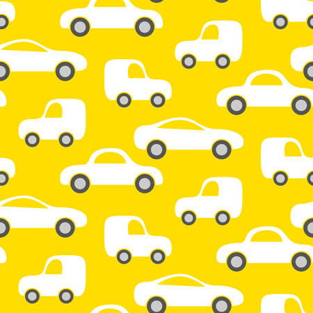 Car cute baby vector seamless pattern. Kid fabric and apparel design. Bright yellow vans vehicles on white.のイラスト素材