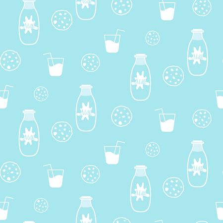 Milk and cookie blue and white seamless vector pattern. Milk bottle, biscuits and glass of milk pattern.のイラスト素材
