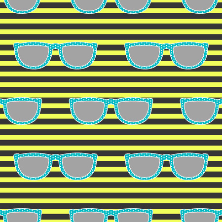 Pop sunglasses retro seamless vector pattern in neon yellow and blue colors. Hipster blue eyewear on neon yellow bright and black stripe background.のイラスト素材