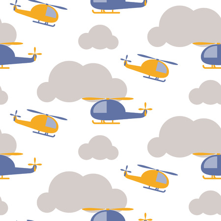 Cartoon helicopter in sky seamless vector pattern. Blue and yellow copter in the grey clouds on white background. Minimalist style textile fabric boy child ornament.のイラスト素材