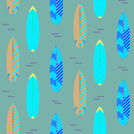 Surfboard seamless vector pattern. Blue and cyan striped surf boards on blue with small waves.のイラスト素材